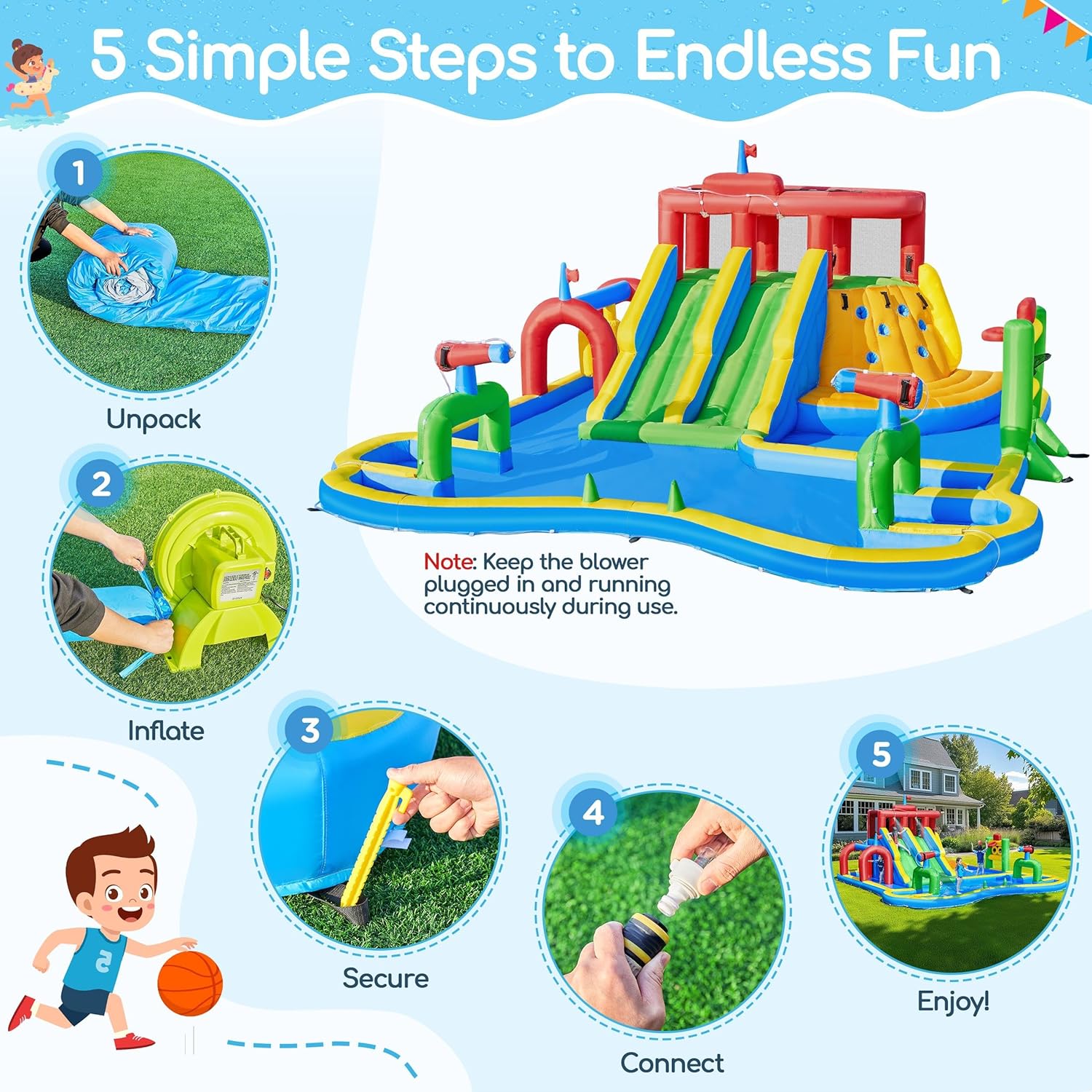Large Inflatable Water Slide with Soccer Field, 17x16.4FT Blow up Bounce House for Kids Party Outdoor Backyard, Climbing, 750W Air Blower, Splash Pool