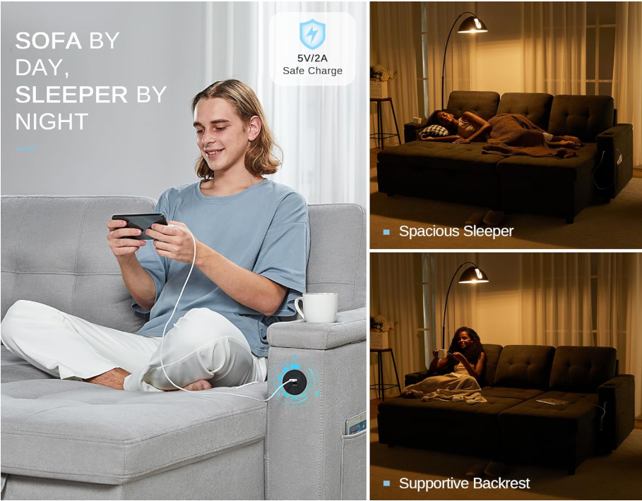 🔥2025 Hot Sale🔥Sleeper Sofa Bed, 84 Inch Pull Out Couch Bed with 2 USB & Cup Holders, Tufted L Shape Convertible Sofa with Storage Chaise