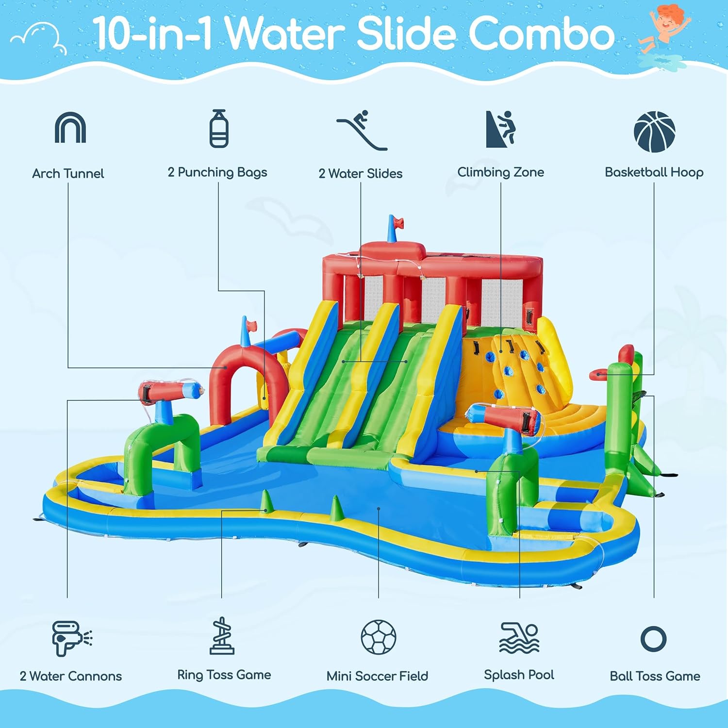 Large Inflatable Water Slide with Soccer Field, 17x16.4FT Blow up Bounce House for Kids Party Outdoor Backyard, Climbing, 750W Air Blower, Splash Pool