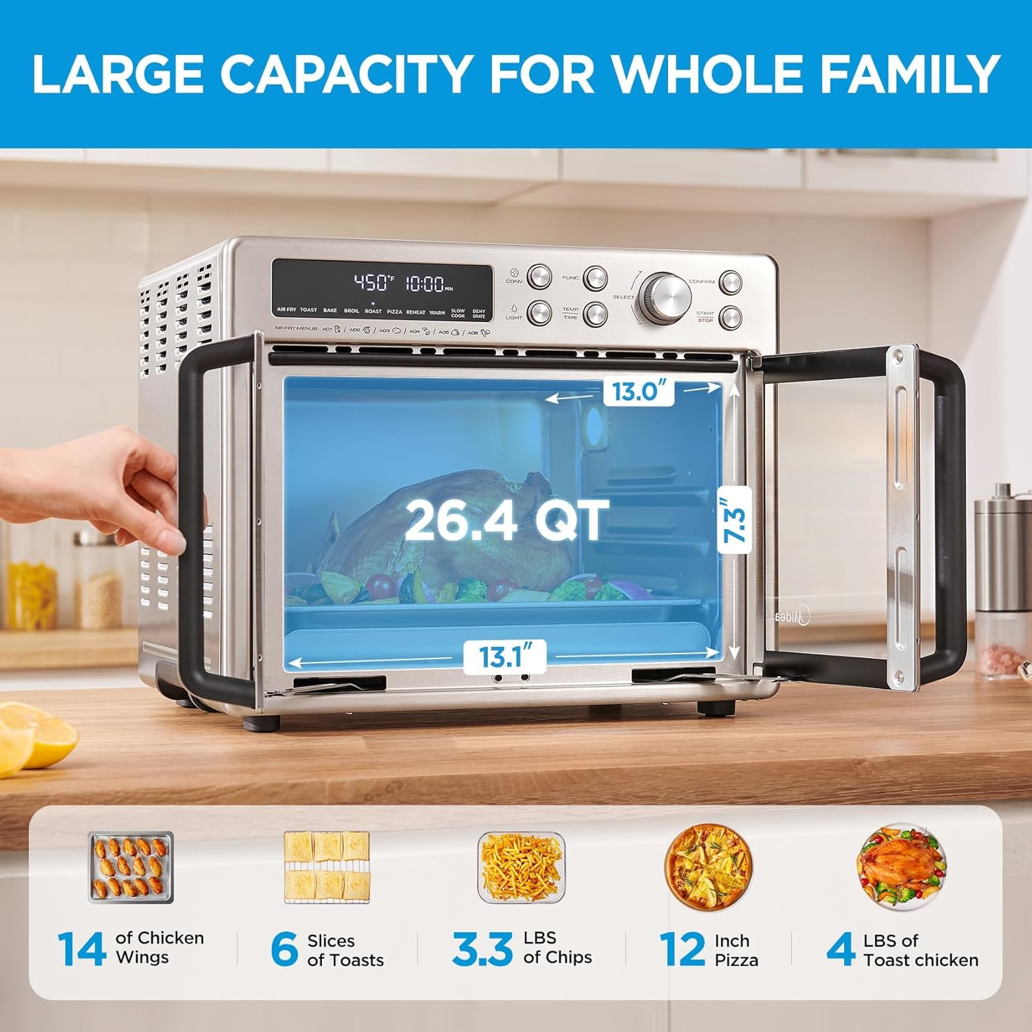 Extra Large Air Fryer Countertop Oven 10-in-1 Combo, 25% Faster Cooking and 90% Less Oil, Stainless Steel