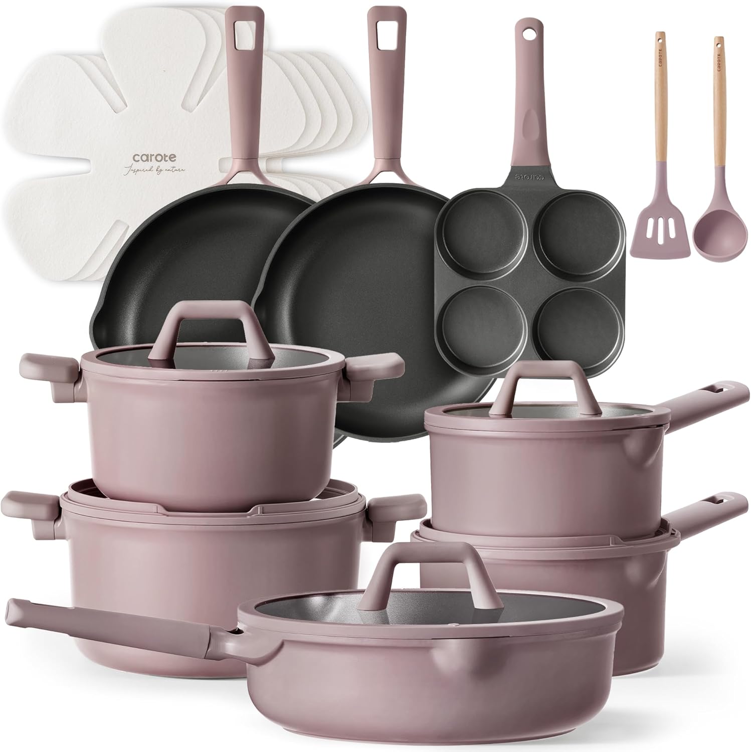 19pcs Nonstick Cookware Set, Pots and Pans Set Non Stick, kitchen Cooking Set, Premium Induction Cookware, Frying pan, Large Capacity Granite, Brown