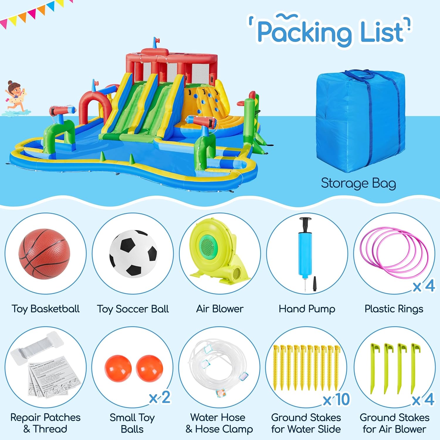 Large Inflatable Water Slide with Soccer Field, 17x16.4FT Blow up Bounce House for Kids Party Outdoor Backyard, Climbing, 750W Air Blower, Splash Pool