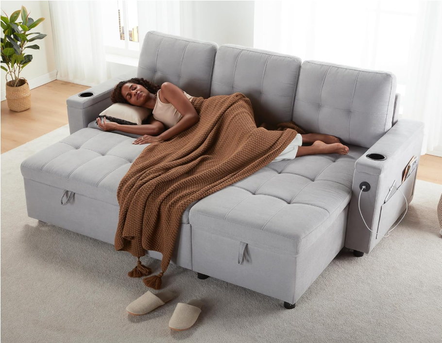 🔥2025 Hot Sale🔥Sleeper Sofa Bed, 84 Inch Pull Out Couch Bed with 2 USB & Cup Holders, Tufted L Shape Convertible Sofa with Storage Chaise