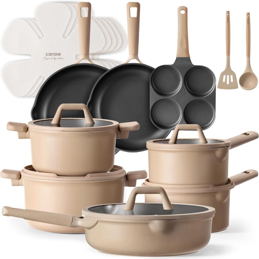 19pcs Nonstick Cookware Set, Pots and Pans Set Non Stick, kitchen Cooking Set, Premium Induction Cookware, Frying pan, Large Capacity Granite, Brown