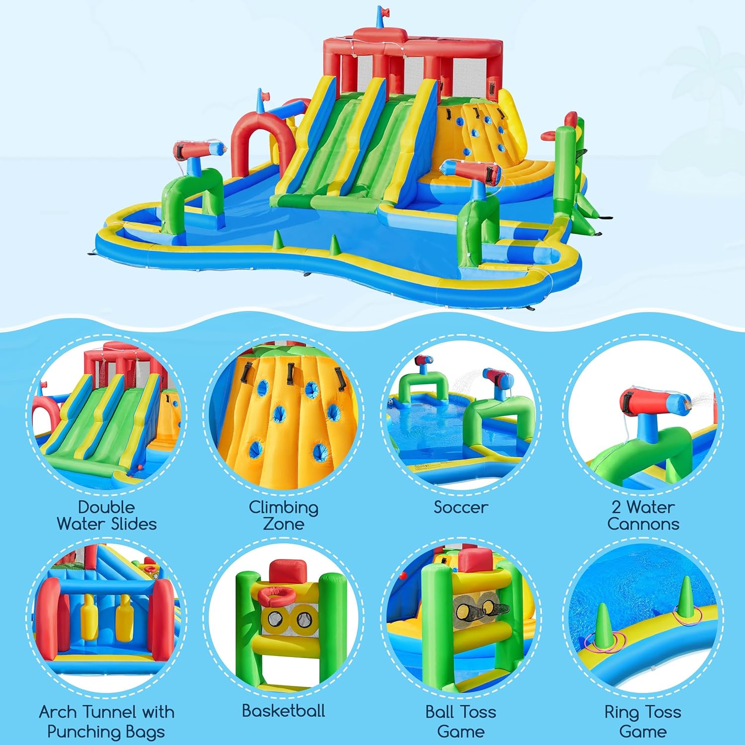 Large Inflatable Water Slide with Soccer Field, 17x16.4FT Blow up Bounce House for Kids Party Outdoor Backyard, Climbing, 750W Air Blower, Splash Pool