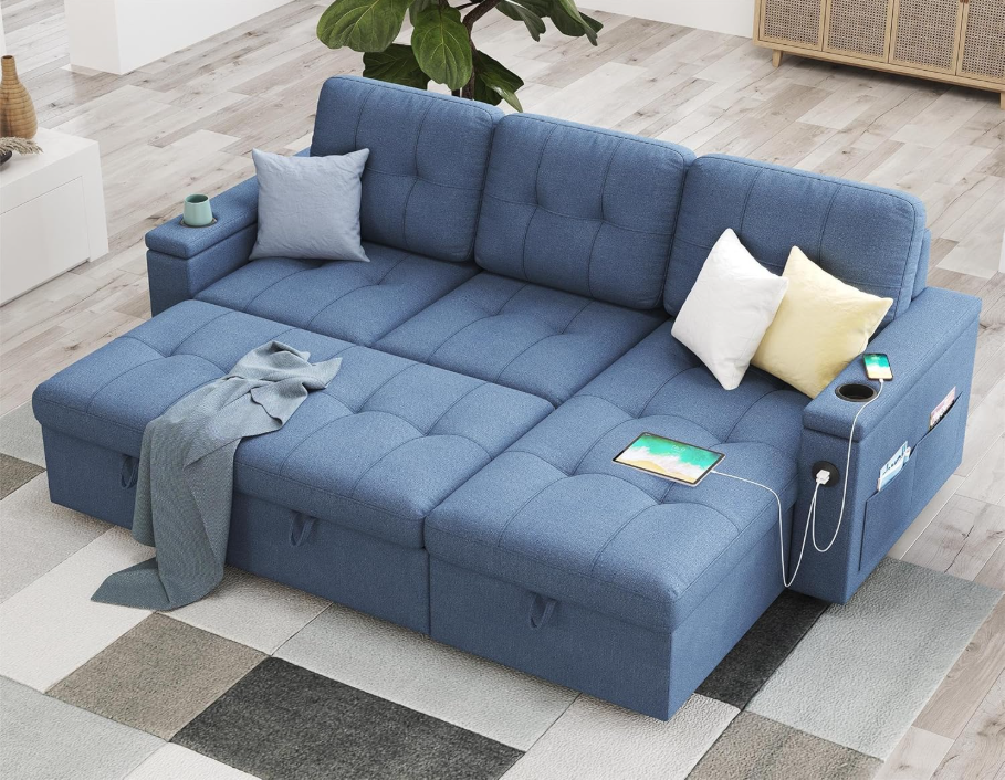 🔥2025 Hot Sale🔥Sleeper Sofa Bed, 84 Inch Pull Out Couch Bed with 2 USB & Cup Holders, Tufted L Shape Convertible Sofa with Storage Chaise