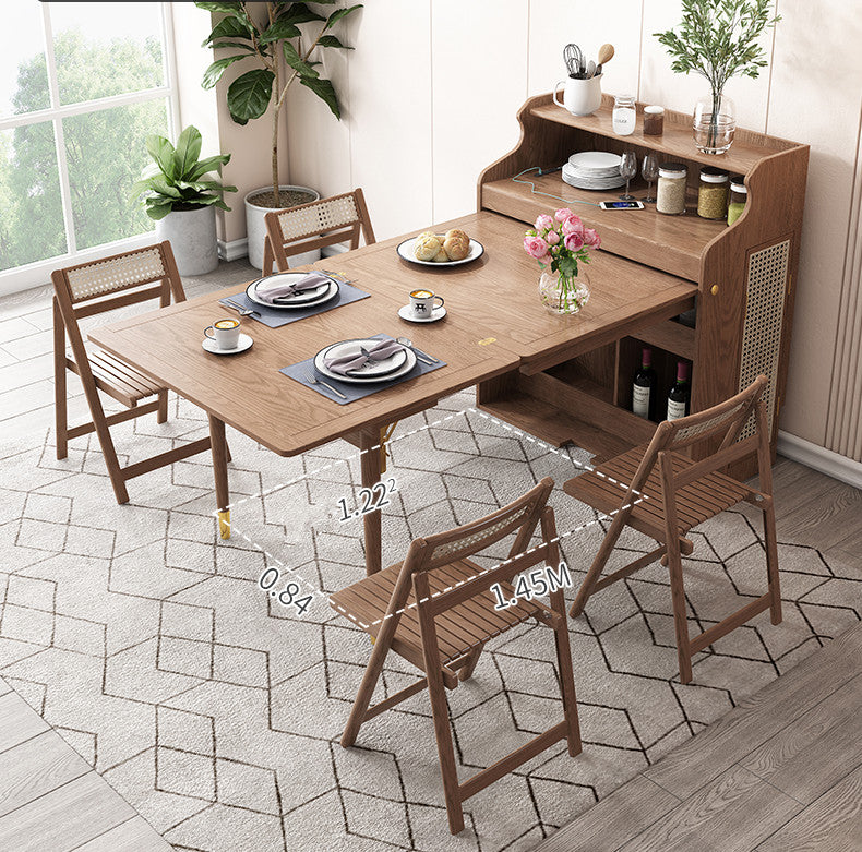 Solid Wood Folding Multifunctional Dining Table with Cabinet and Folding Chairs