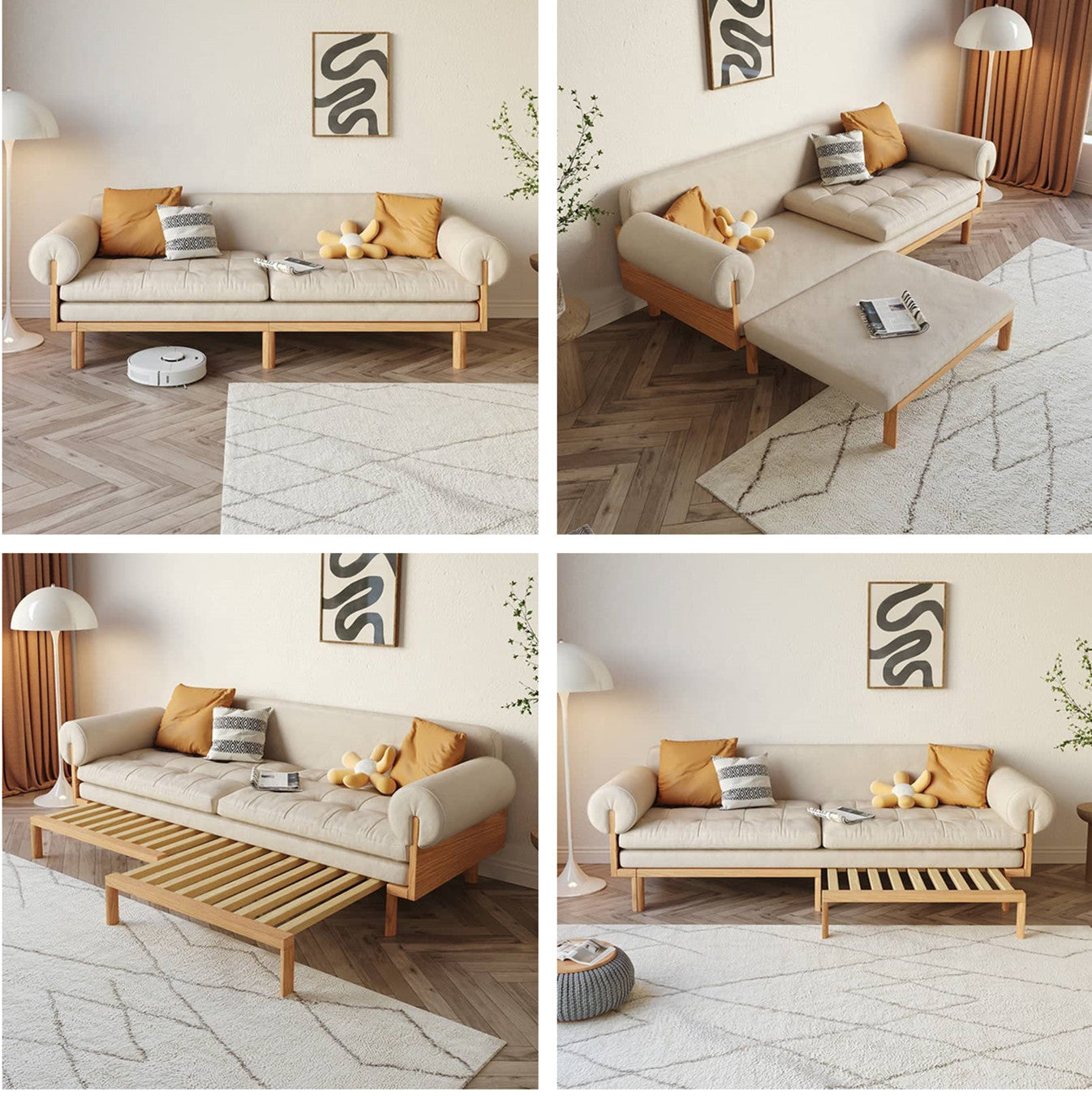 Last 3 days -Japandi Solid Wood  Recessed Arms Folding Sleeper Sofa Bed