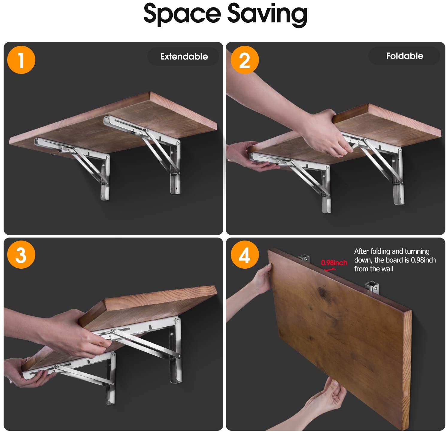 Limited time sale -Heavy Duty Stainless Steel Collapsible Bracket for DIY Space Saving Wall Mounted Work Bench Pack of 2