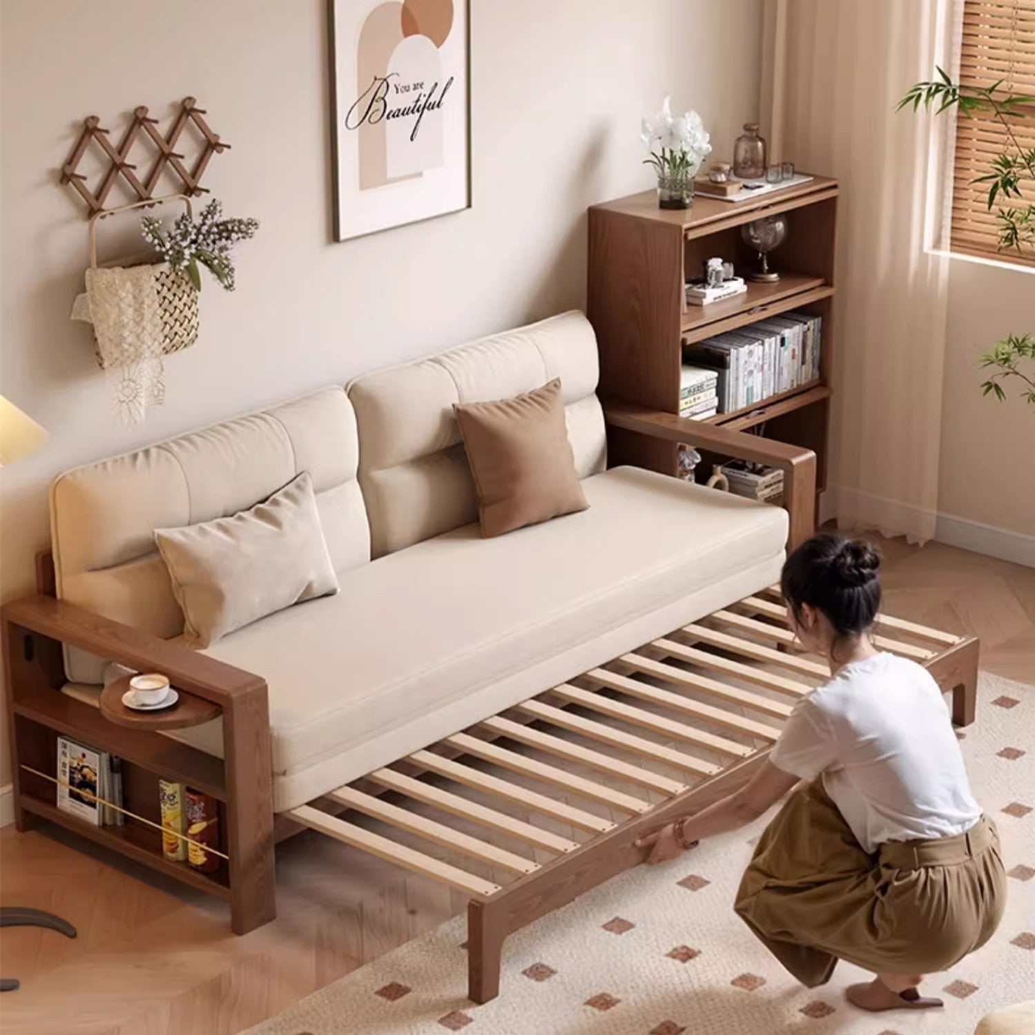 Multifunctional Retractable Sofa Bed with Wide Armrest and Storage Shelf