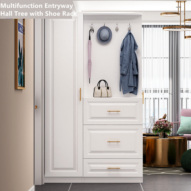 Multifunction Entryway Hall Tree with Slide Out Shoe Rack and Single Door Wardrobe