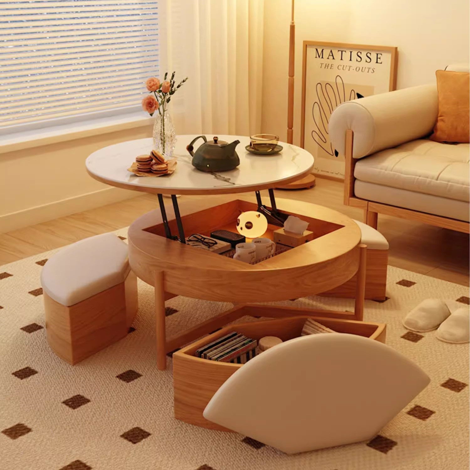 Limited time sale -Lift Top Round Coffee Table with Storage and Ottomans