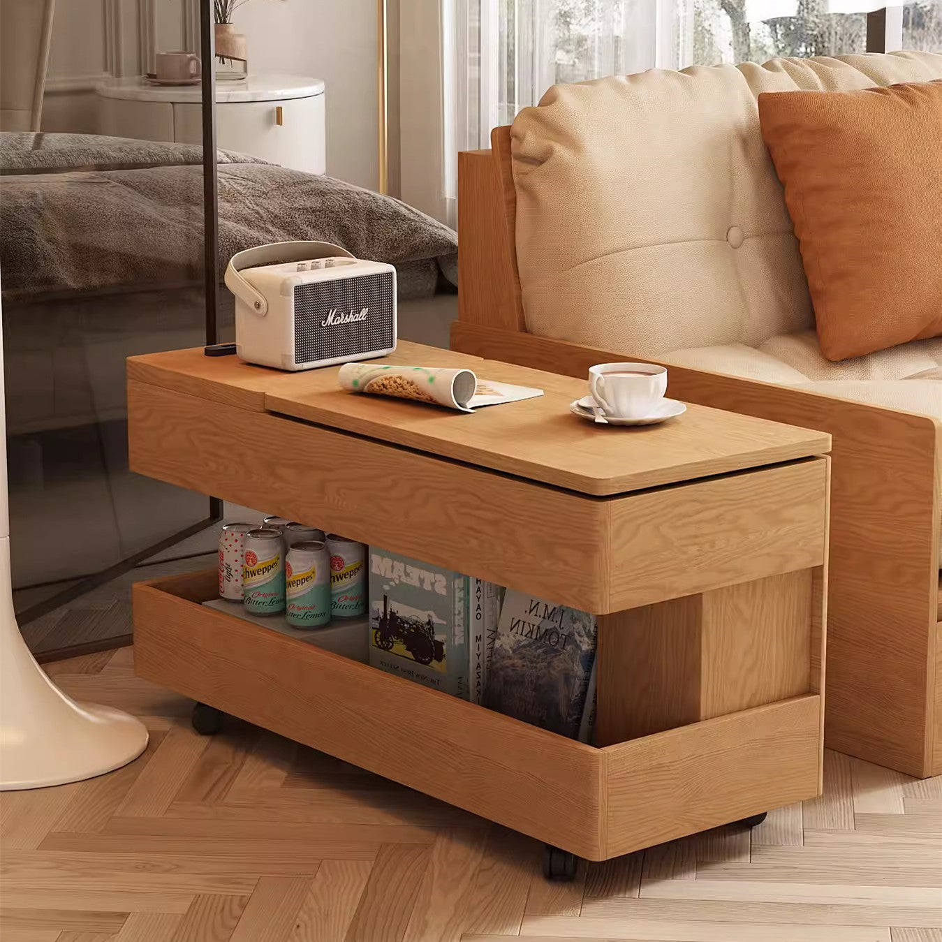 Limited time sale -Multifunction Fabric High Box Storage Sofa with Armrest Table and Drawers