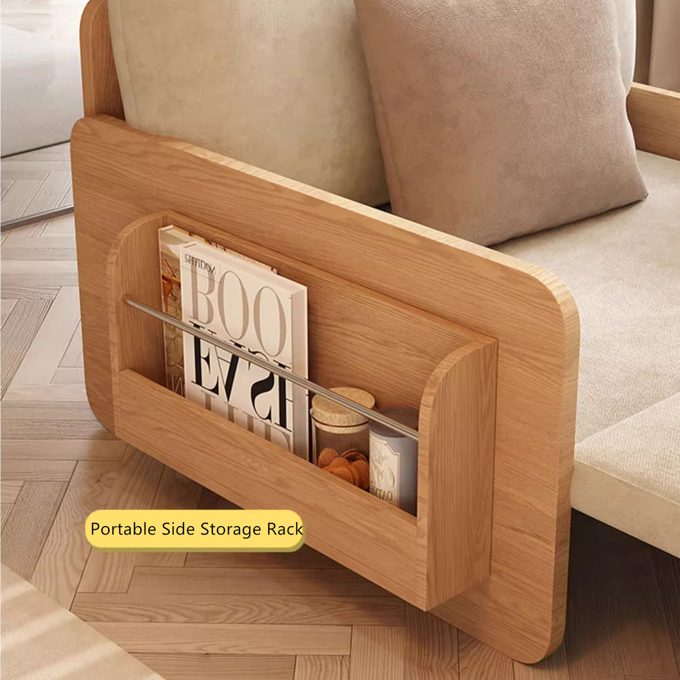 Japandi Log Style Pull Out Sofa Bed with Rotating Armrest Tray and Storage