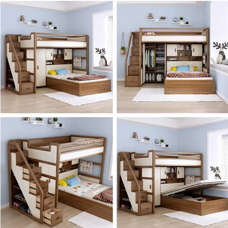 Solid Ash Wood Loft Bed with High Storage Bed Wardrobe and Drawer Stairs and Desk Combination