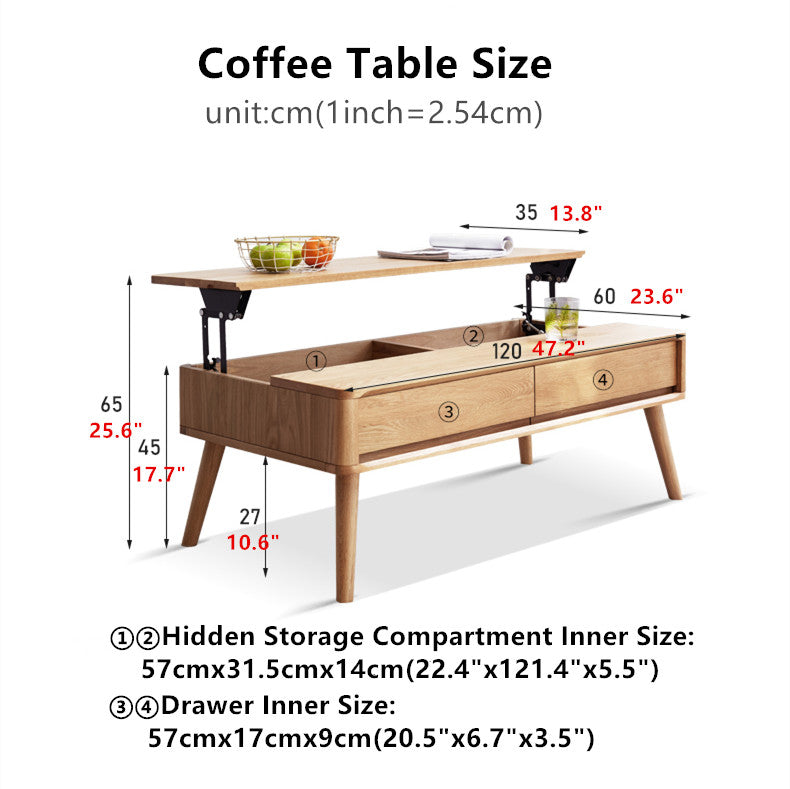 Solid Wood Lift Top Coffee Table with Drawers and Hidden Storage Compartments