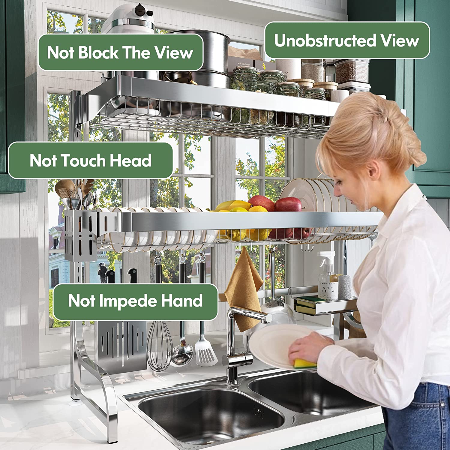 Limited time sale -Adjustable (25.6"-35.5") Large 3 Tier Over Sink Full 304 Stainless Steel Dish Drying Rack
