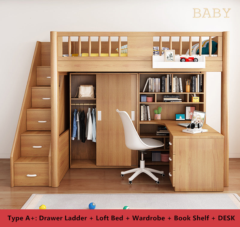 Loft Bed with Wardrobe and Book Shelf and Desk