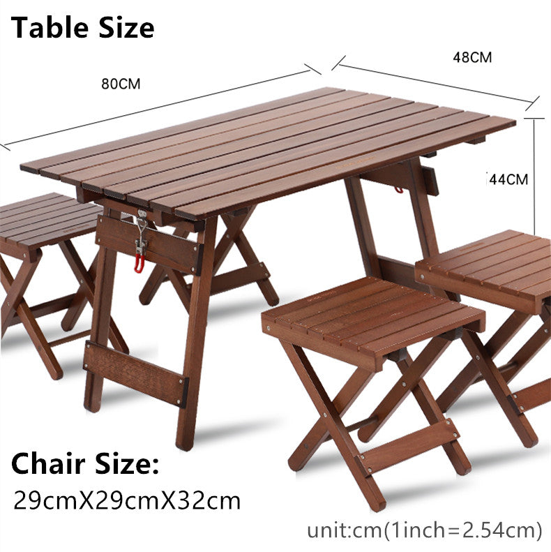 Outdoor Camping Folding Solid Wood Table With 4 Folding Chairs Set