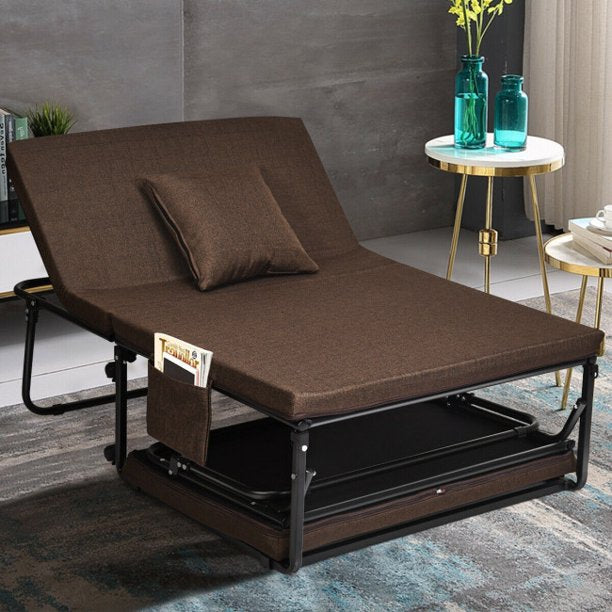 Portable Foldable Guest Bed with Adjustable 6 Position and Side Storage Pocket(Brown, 78" L X 35" W)