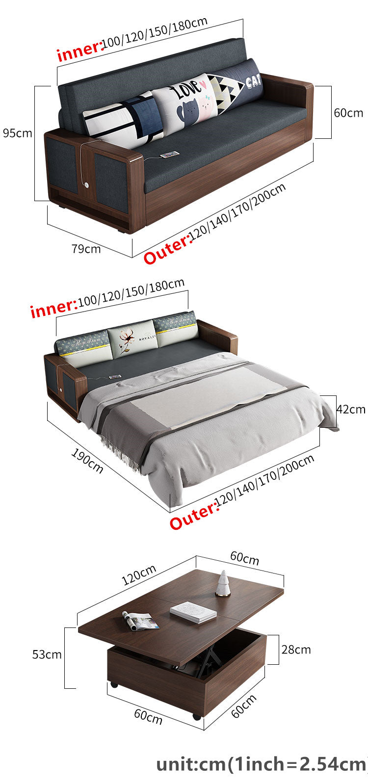 Sofa Bed With Liftable and Expandable Coffee Table