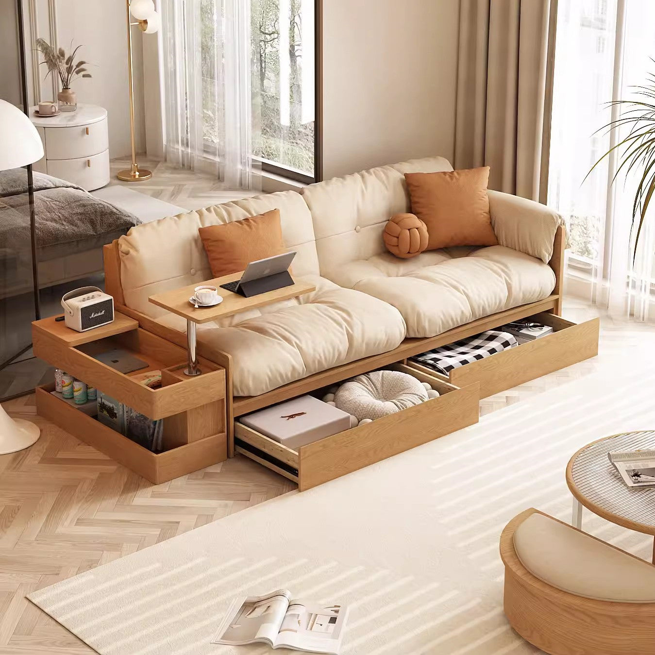 Limited time sale -Multifunction Fabric High Box Storage Sofa with Armrest Table and Drawers