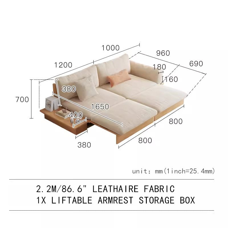 Last 3 days -Japandi Solid Wood Sofa Bed with Liftable Armrest Storage Box