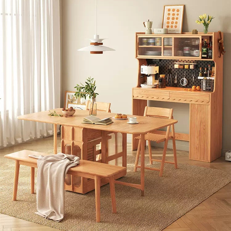 Double Drop Leaf Dining Table with Pegboard Hutch Cabinet