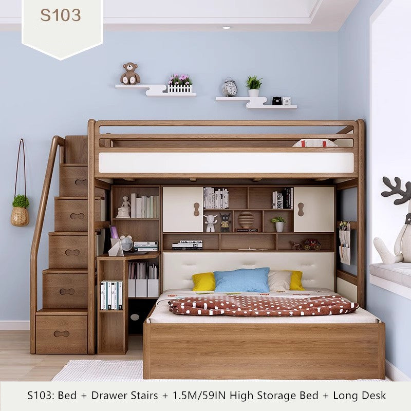 Solid Ash Wood Loft Bed with High Storage Bed Wardrobe and Drawer Stairs and Desk Combination