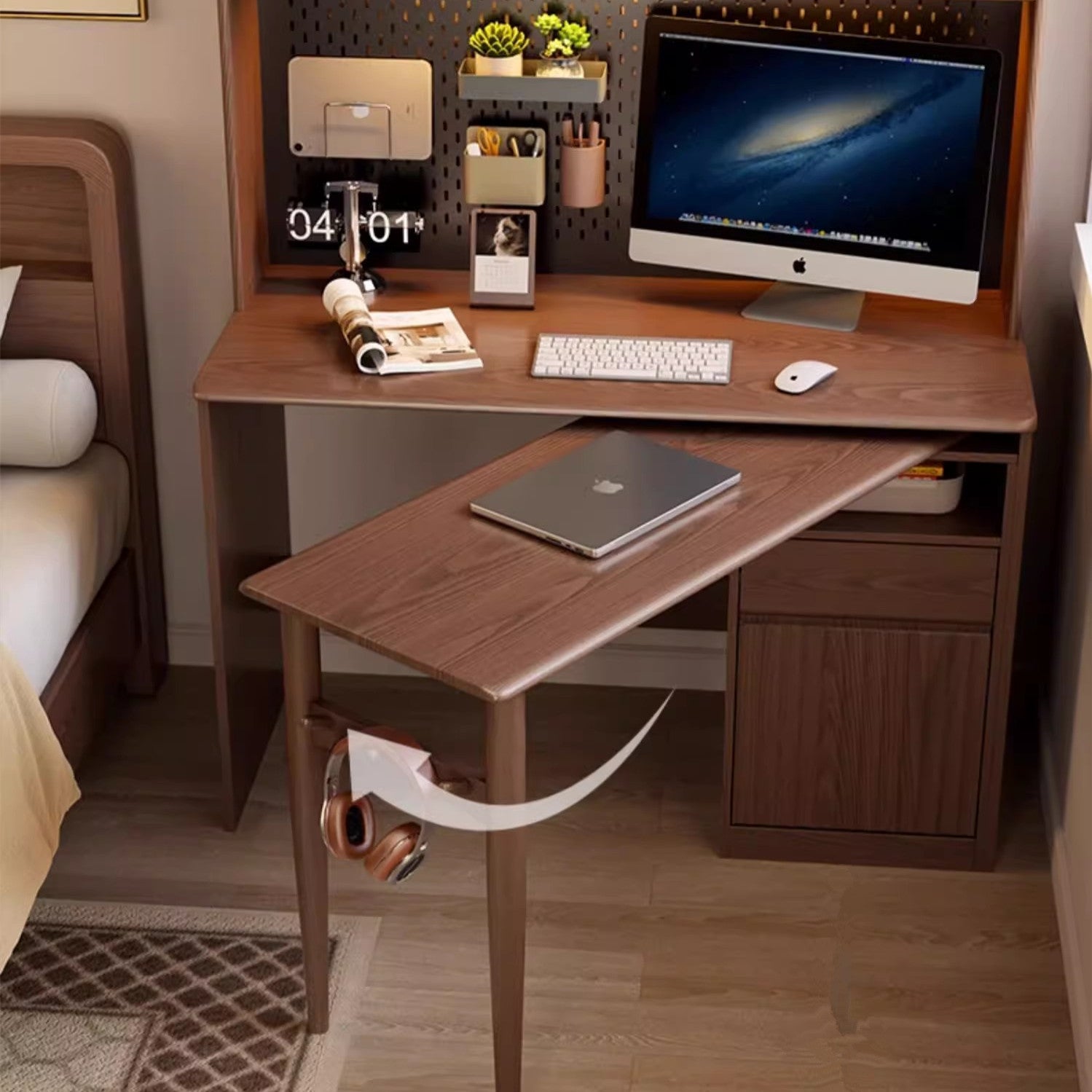 Space Saving Work Station with Pegboard and Rotating Desk