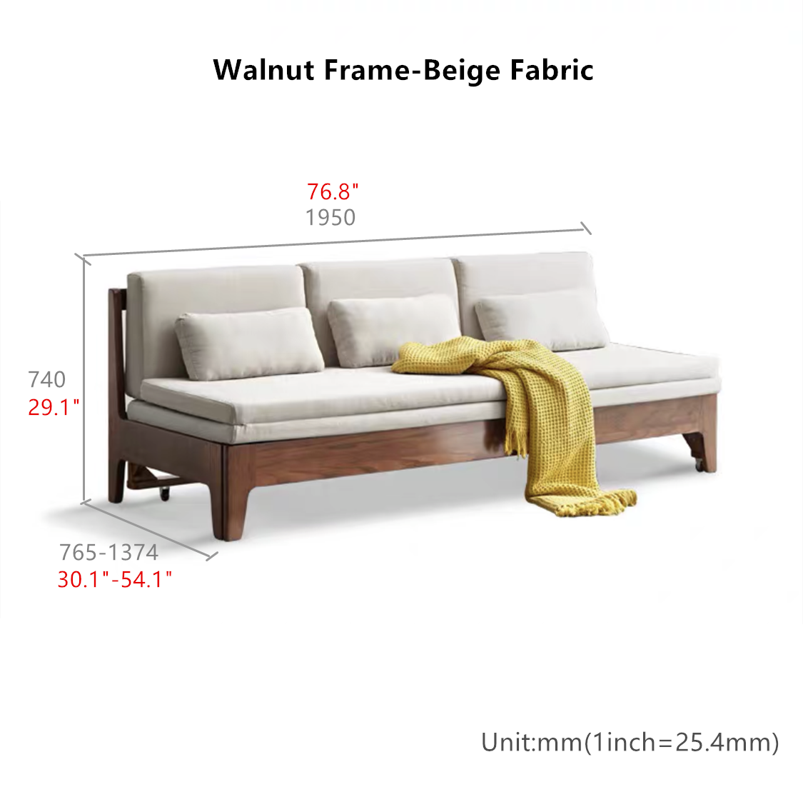Japandi Pull Out Sleeper Sofa Bed With Solid Wood Back Support