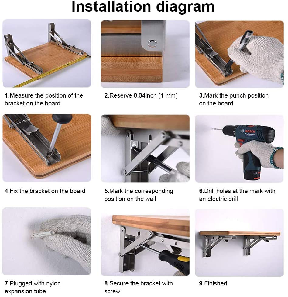 Limited time sale -Heavy Duty Stainless Steel Collapsible Bracket for DIY Space Saving Wall Mounted Work Bench Pack of 2