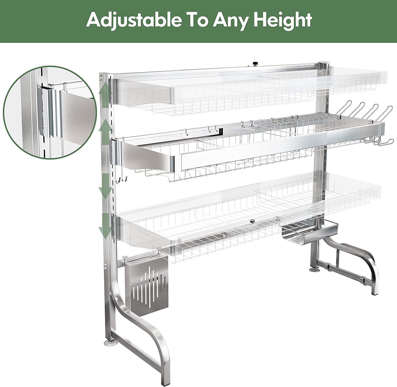 Limited time sale -Adjustable (25.6"-35.5") Large 3 Tier Over Sink Full 304 Stainless Steel Dish Drying Rack