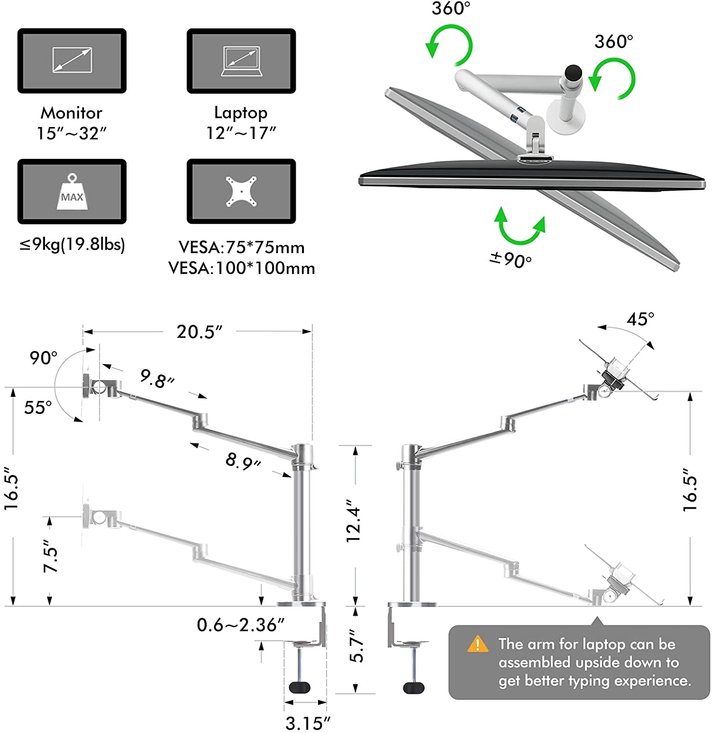 Limited time sale -2-in-1 Adjustable Dual Arm Monitor and Laptop Mount