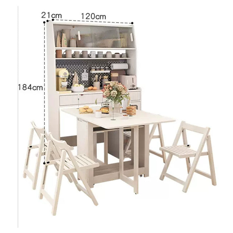Kitchen Hutch Cabinet with Double Drop Leaf Dining Table and 4 Folding Chairs