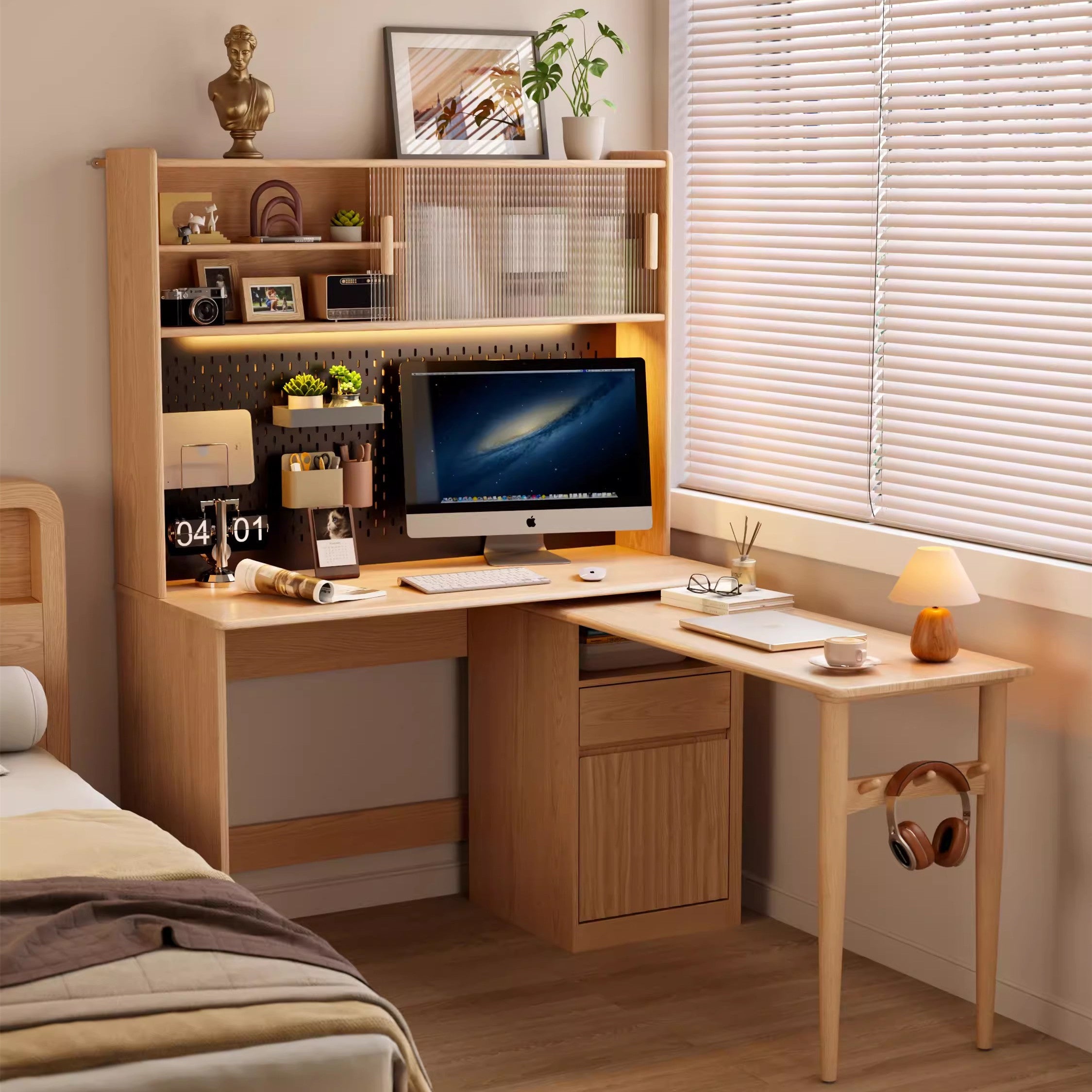 Space Saving Work Station with Pegboard and Rotating Desk