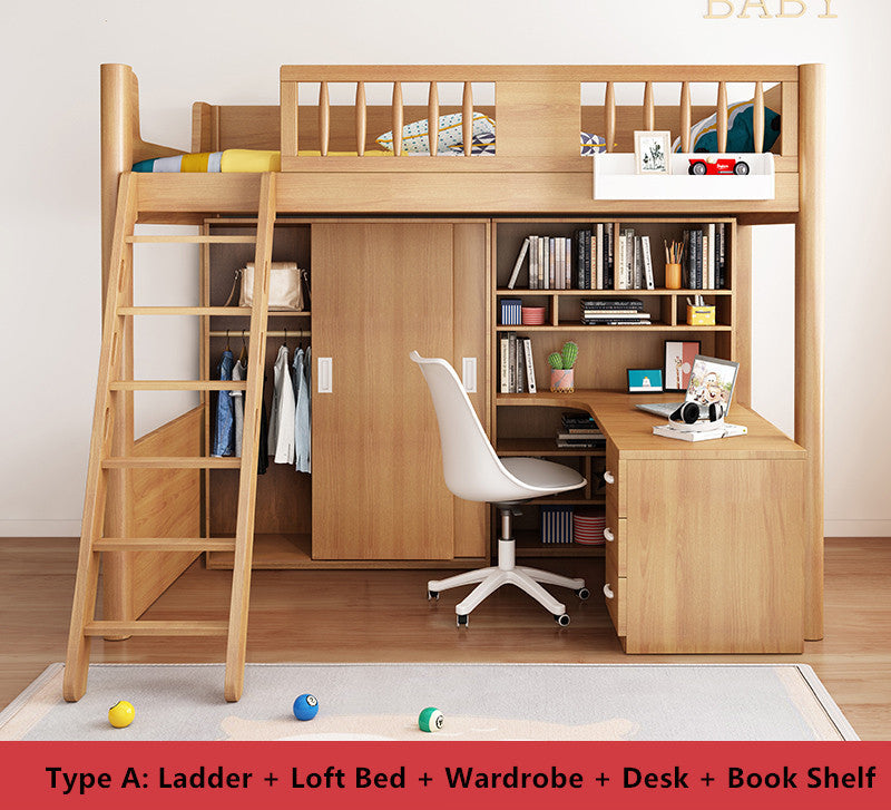 Loft Bed with Wardrobe and Book Shelf and Desk