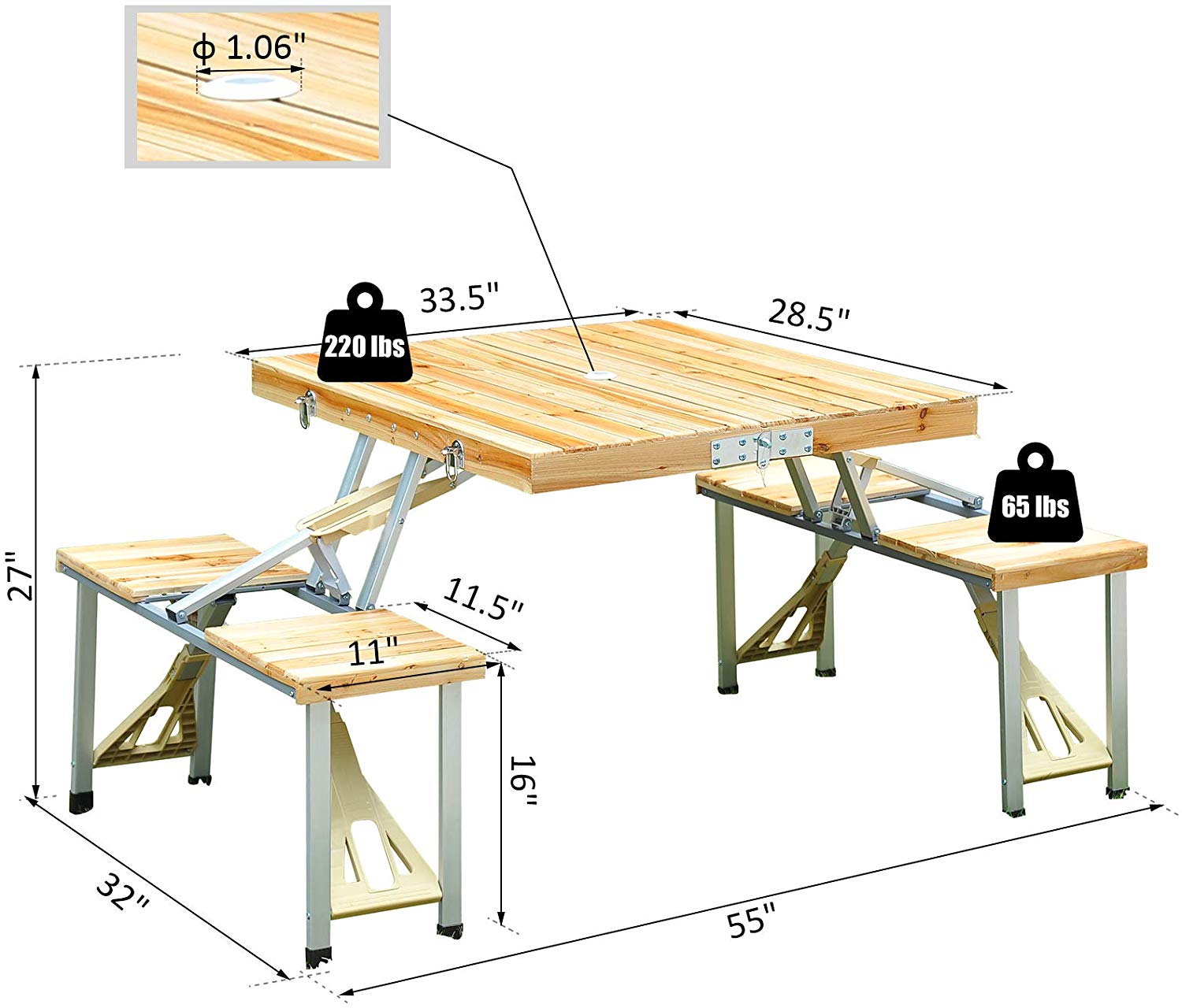 Portable Foldable Camping Picnic Table with Seats Chairs and Umbrella Hole-Wood
