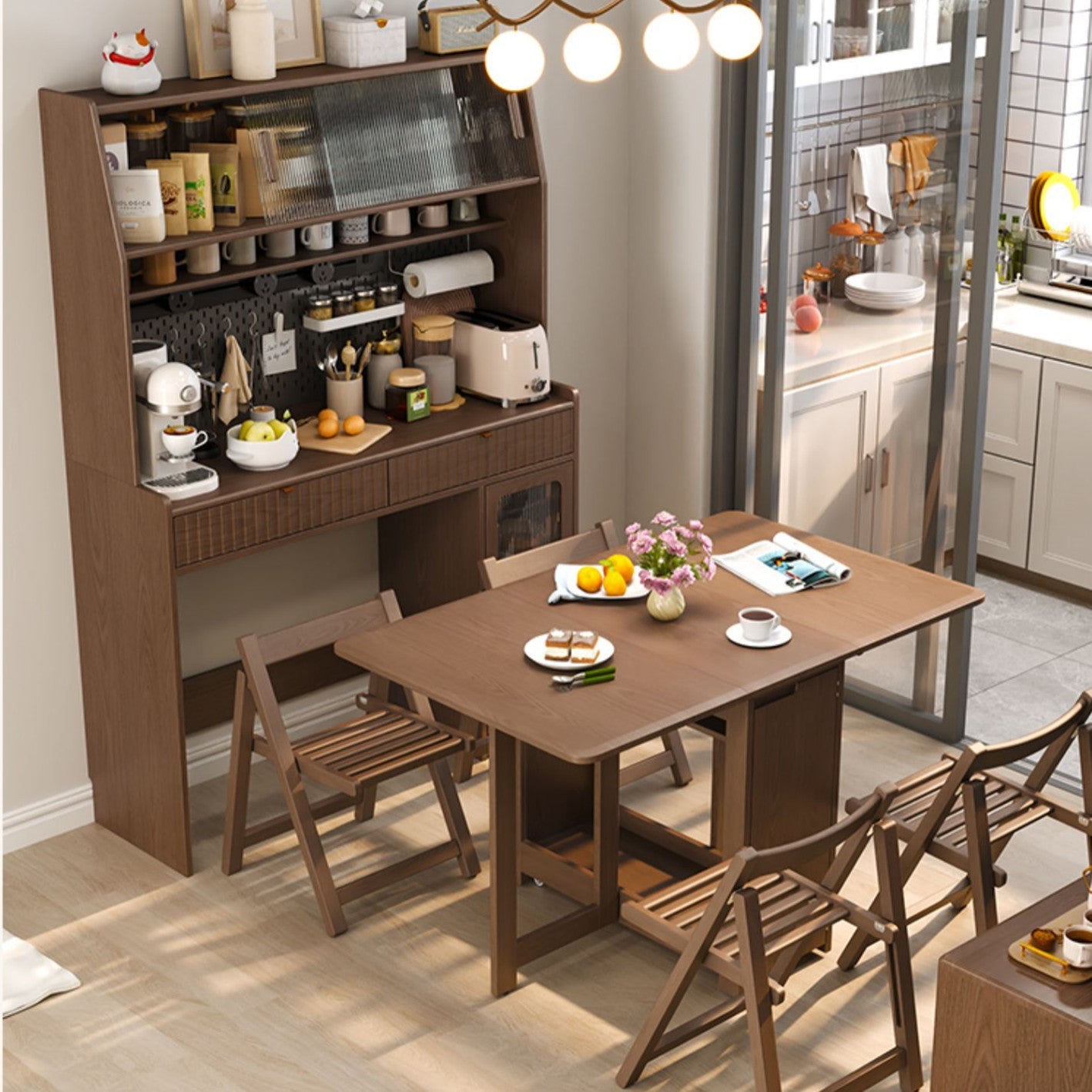 Kitchen Hutch Cabinet with Double Drop Leaf Dining Table and 4 Folding Chairs