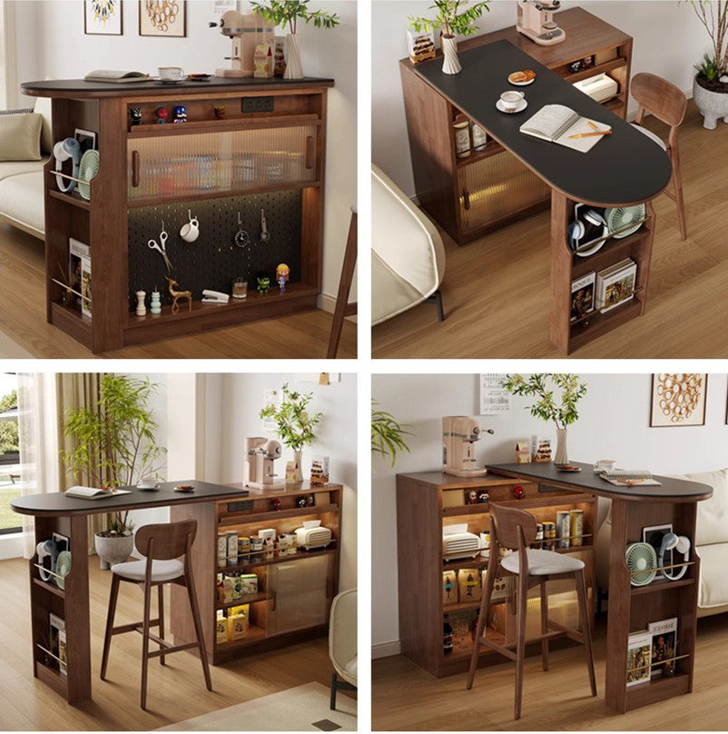 360° Solid Wood Rotating Bar Table with Double Side Storage Cabinet
