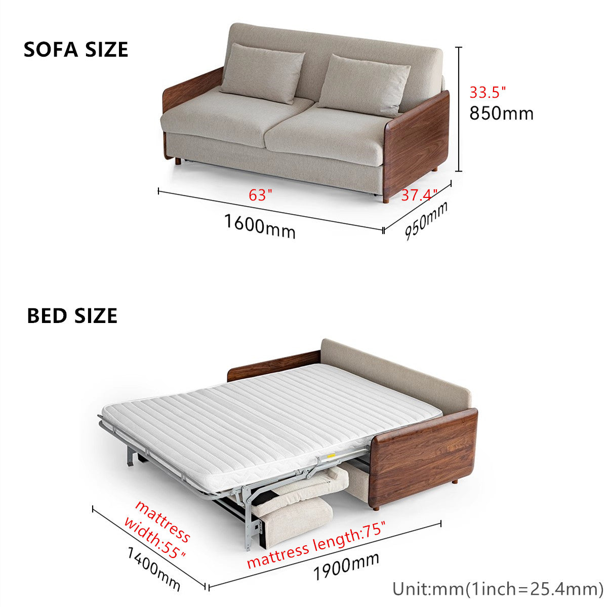 Light Luxury Walnut Wood Armrest Sleeper Sofa Bed with Mattress