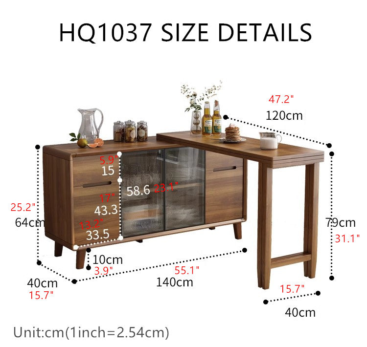 Folding Dining Table and Cabinet in One with Glass Sliding Doors and Storage Drawers