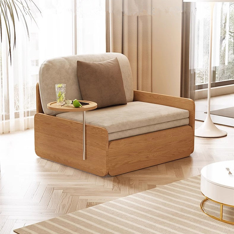 Japandi Log Style Pull Out Sofa Bed with Rotating Armrest Tray and Storage