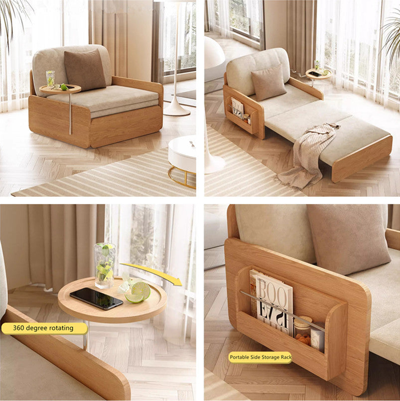 Japandi Log Style Pull Out Sofa Bed with Rotating Armrest Tray and Storage