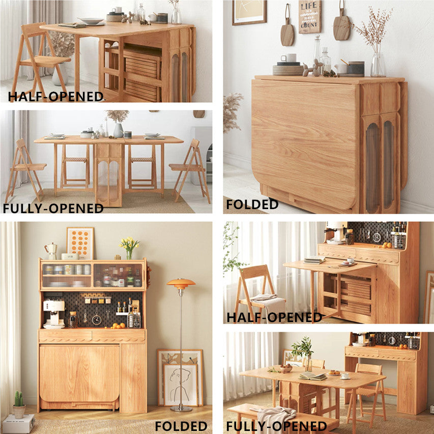 Double Drop Leaf Dining Table with Pegboard Hutch Cabinet