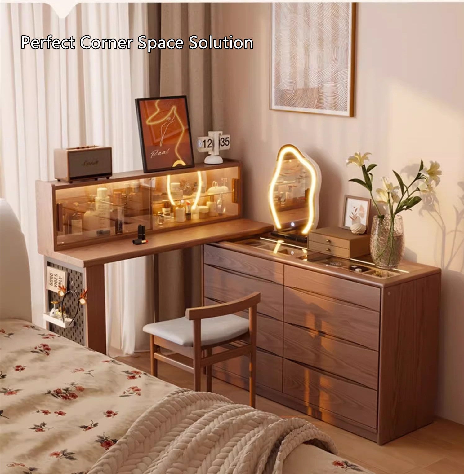 Light Luxury Extendable Vanity Table with 8-Drawer Accent Chest