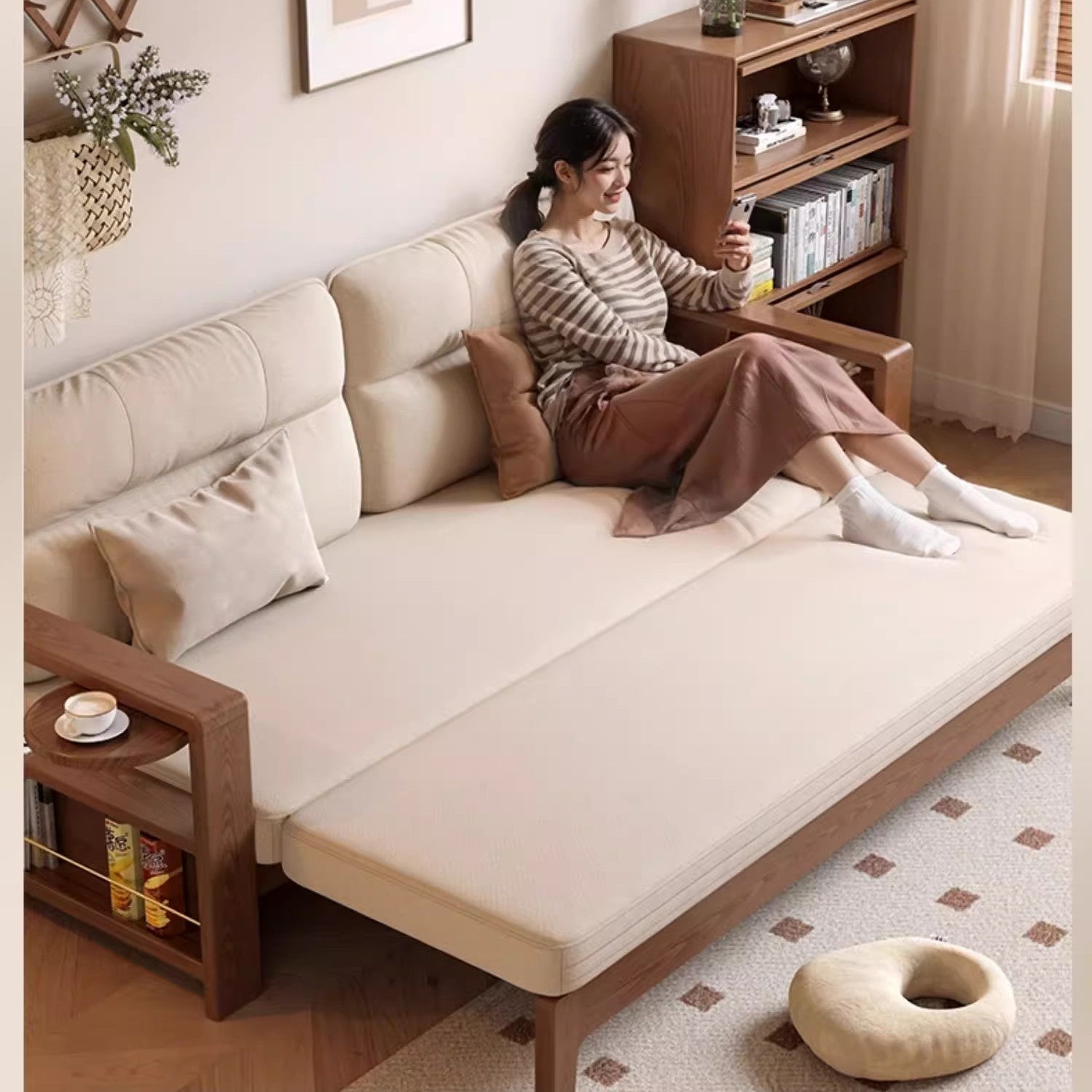 Multifunctional Retractable Sofa Bed with Wide Armrest and Storage Shelf