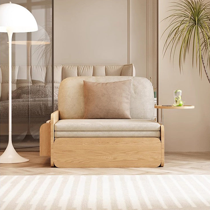 Japandi Log Style Pull Out Sofa Bed with Rotating Armrest Tray and Storage