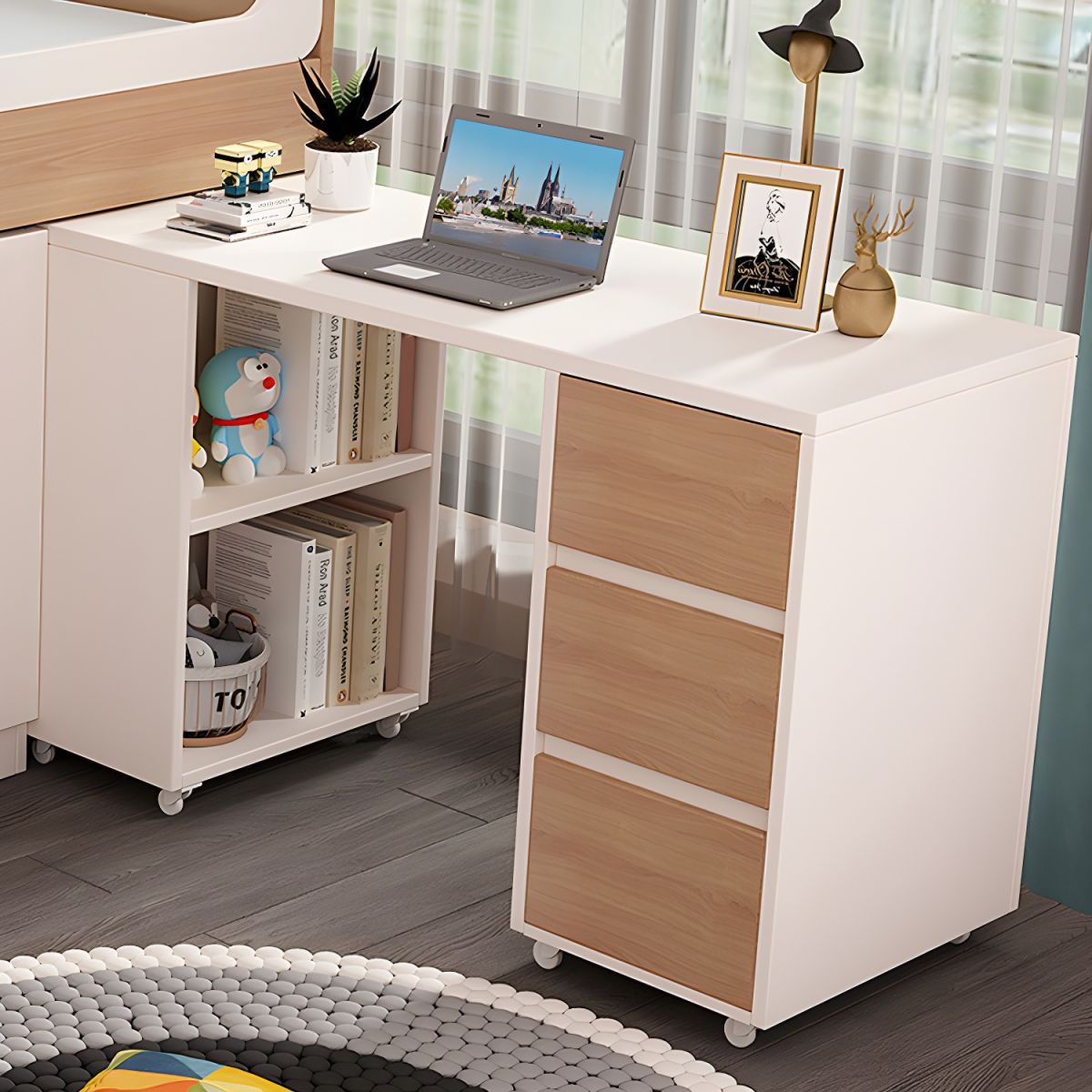 Kids Wood Loft Bed With Small Pull-Out Desk and Wardrobe and Storage Cabinet