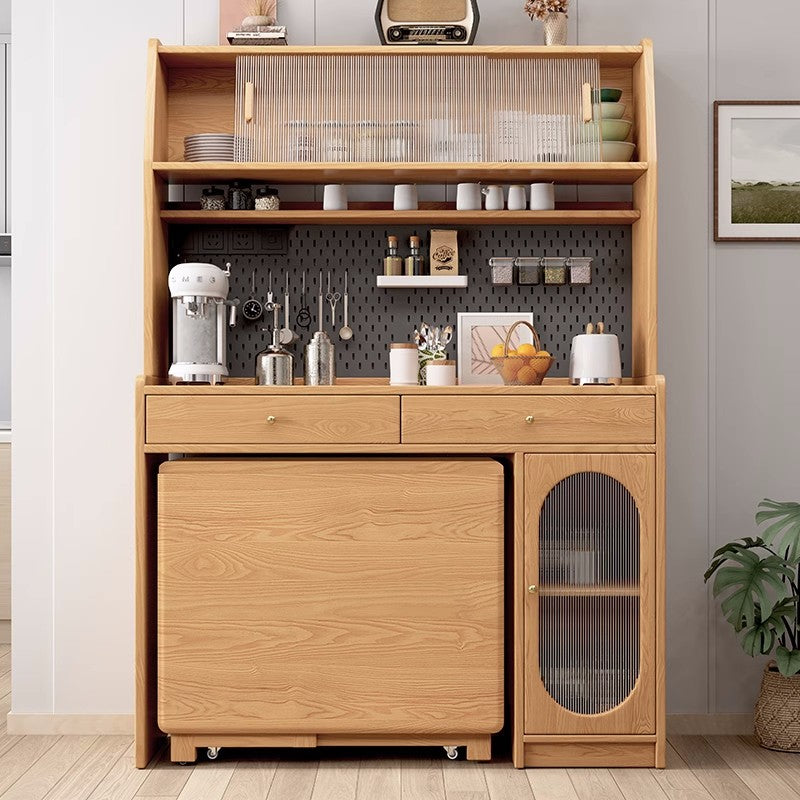 Kitchen Hutch Cabinet with Double Drop Leaf Dining Table and 4 Folding Chairs